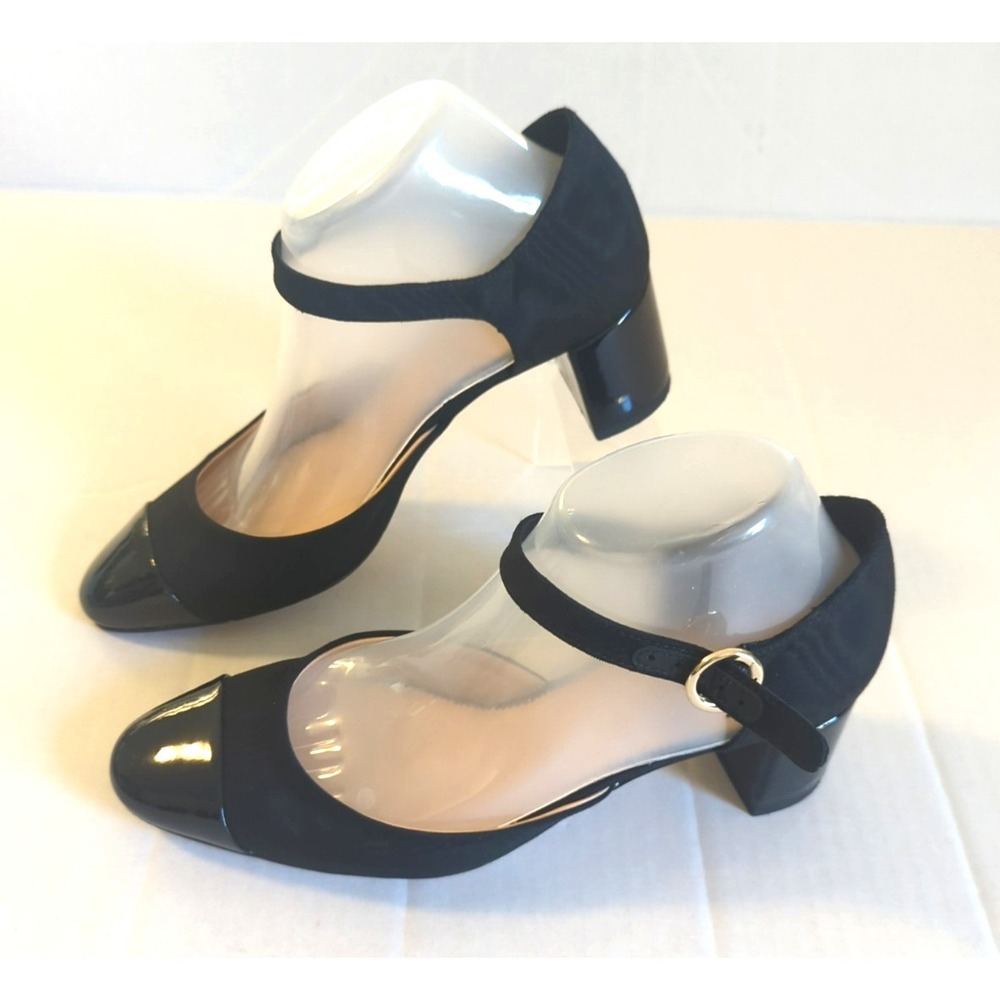 J.Crew Millie Ankle Strap Heels 8 Blk Moiré Italian Leather Formal Event Classic